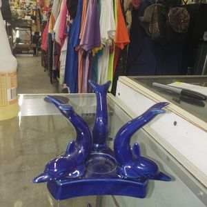 Cobalt blue dolphin candle holder set